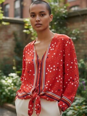 Maeve Elan Scarf Print Polka Dot Tie-Front Blouse with Striped Trim Size 6